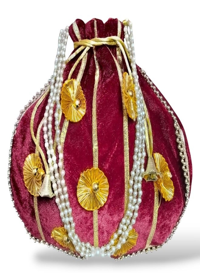 SUMERA WARQ Velvet Potli Bag, Red with Gold Embellishments and Pearl Detailing, Traditional Women's Handbag - Image 1